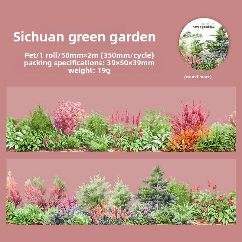 ART EMBOSS Shrub Flower Border PET Sticker Tape – Botanical Border Tape (6 Styles) Green garden