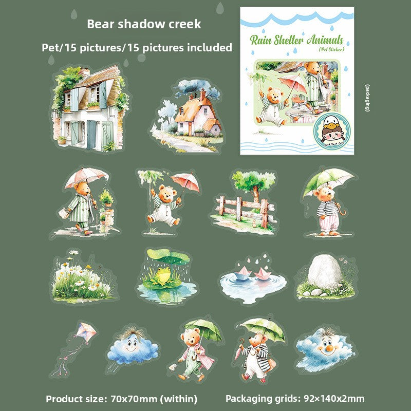 ART EMBOSS Rainy Day Animal PET Sticker Pack – 15 Sheets (6 Designs) Bear shadow creek