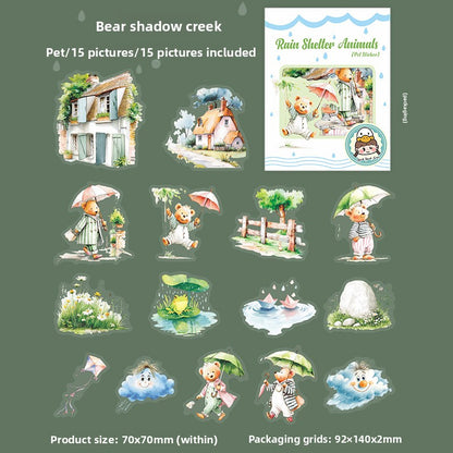ART EMBOSS Rainy Day Animal PET Sticker Pack – 15 Sheets (6 Designs) Bear shadow creek