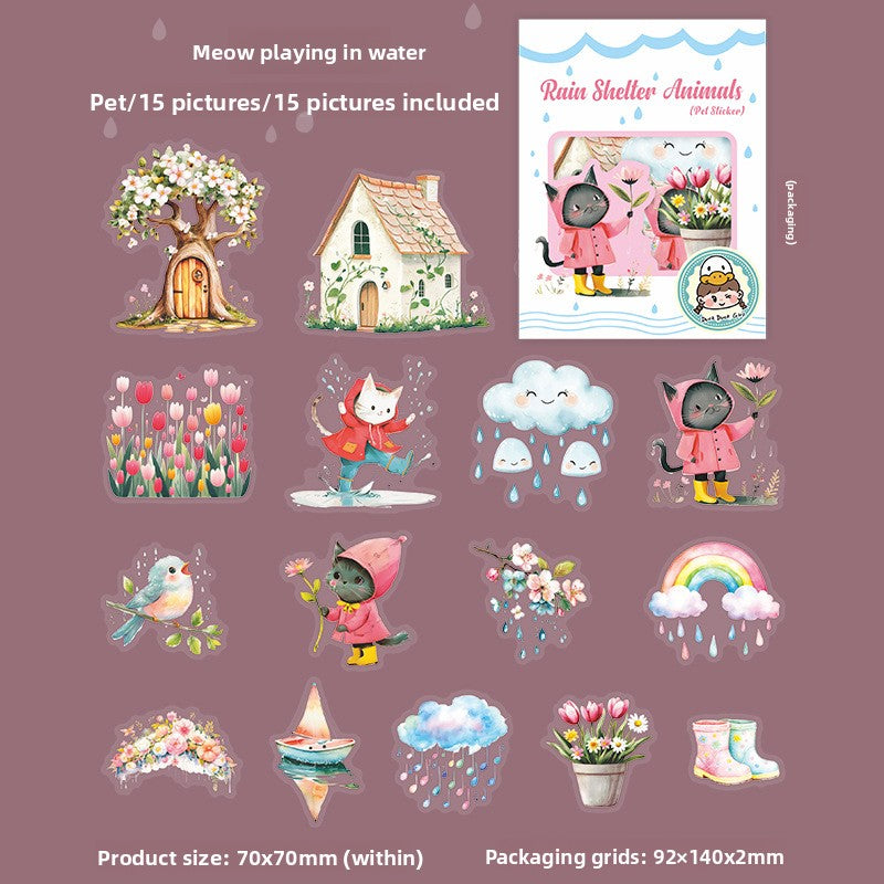 ART EMBOSS Rainy Day Animal PET Sticker Pack – 15 Sheets (6 Designs) Meow playing in water