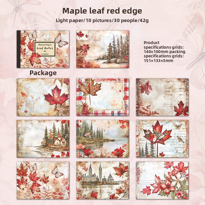 ART EMBOSS Leaf Note Paper Pack – Vintage Memo Paper (30 Sheets) Maple leaf red edge