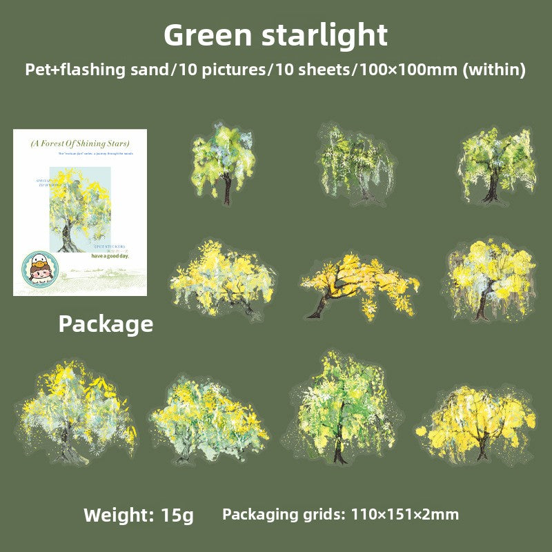 ART EMBOSS Sparkling Galaxy Forest PET Sticker Pack – Tree-Themed Stickers (10 Sheets) Green starlight
