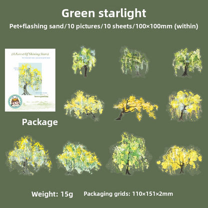 ART EMBOSS Sparkling Galaxy Forest PET Sticker Pack – Tree-Themed Stickers (10 Sheets) Green starlight