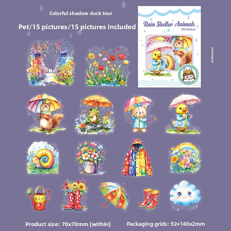 ART EMBOSS Rainy Day Animal PET Sticker Pack – 15 Sheets (6 Designs) Colorful shadow duck tour