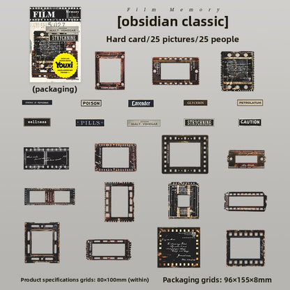 ART EMBOSS Film Memory Sticker Set – Retro Movie Card Stickers (25 Pieces) Obsidian classic