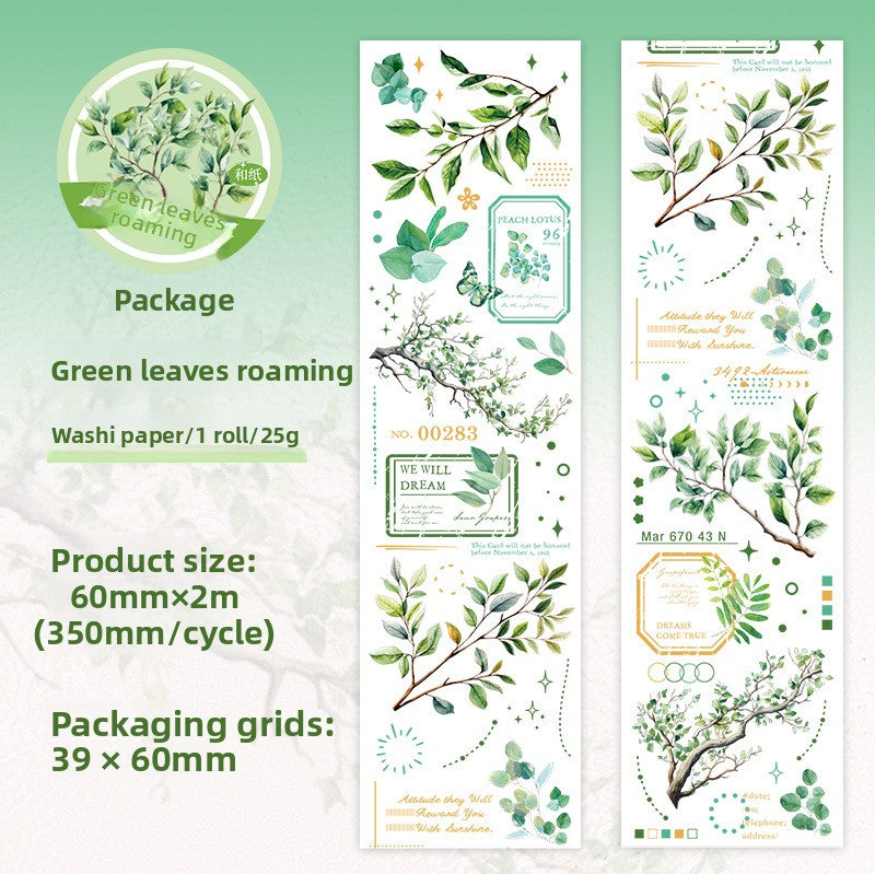 ART EMBOSS Branch & Leaf Notes Sticker Tape – Botanical Tape (6 Styles) Green leaves roaming
