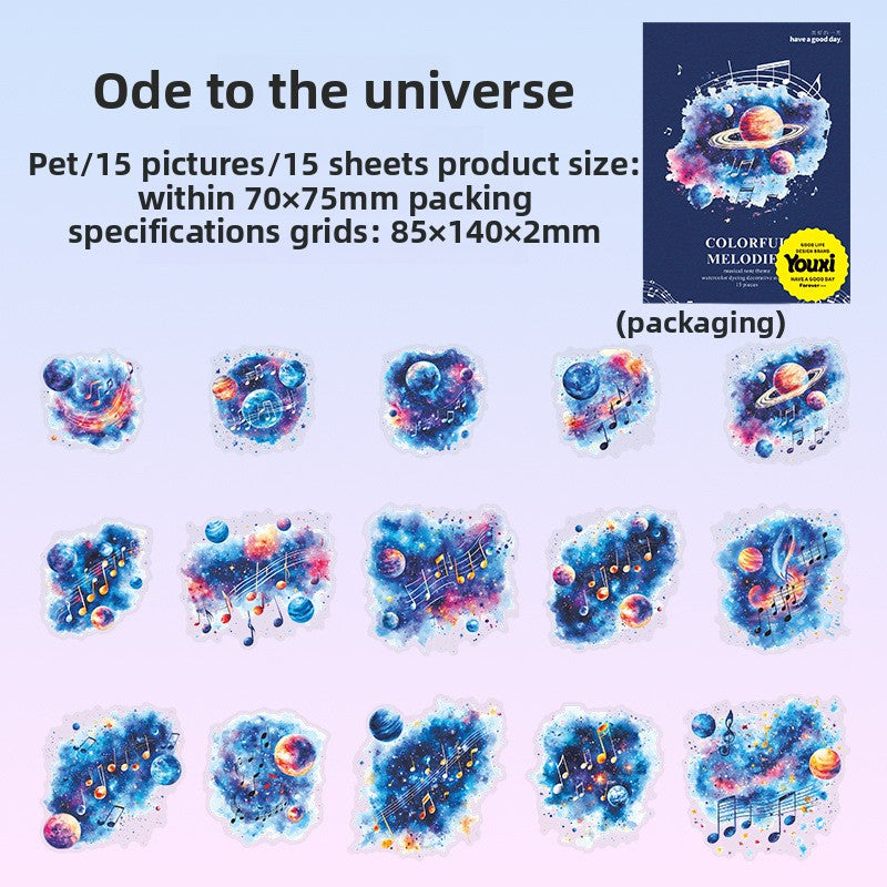 ART EMBOSS Colorful Melody PET Sticker Pack – Watercolor Wash Stickers (15 Sheets) Ode to the universe