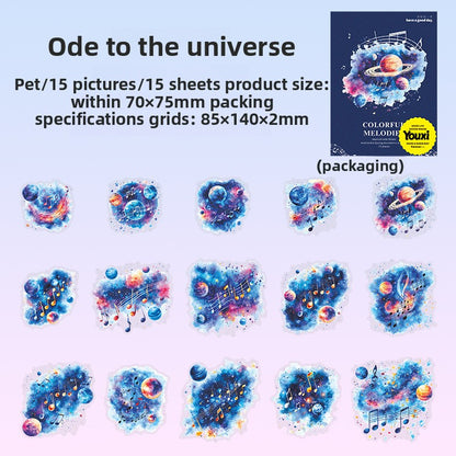 ART EMBOSS Colorful Melody PET Sticker Pack – Watercolor Wash Stickers (15 Sheets) Ode to the universe