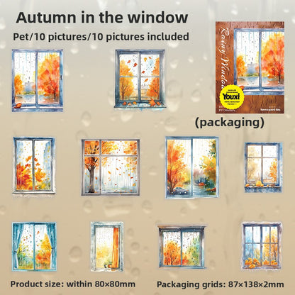 ART EMBOSS Window Rain View PET Sticker Pack – Cozy Rainy Season Stickers (10 Sheets) Autumn in the window