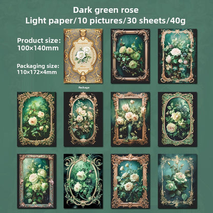 ART EMBOSS Rose Appointment Paper Pack – Vintage Rose Decorative Paper (30 Sheets) Dark green rose
