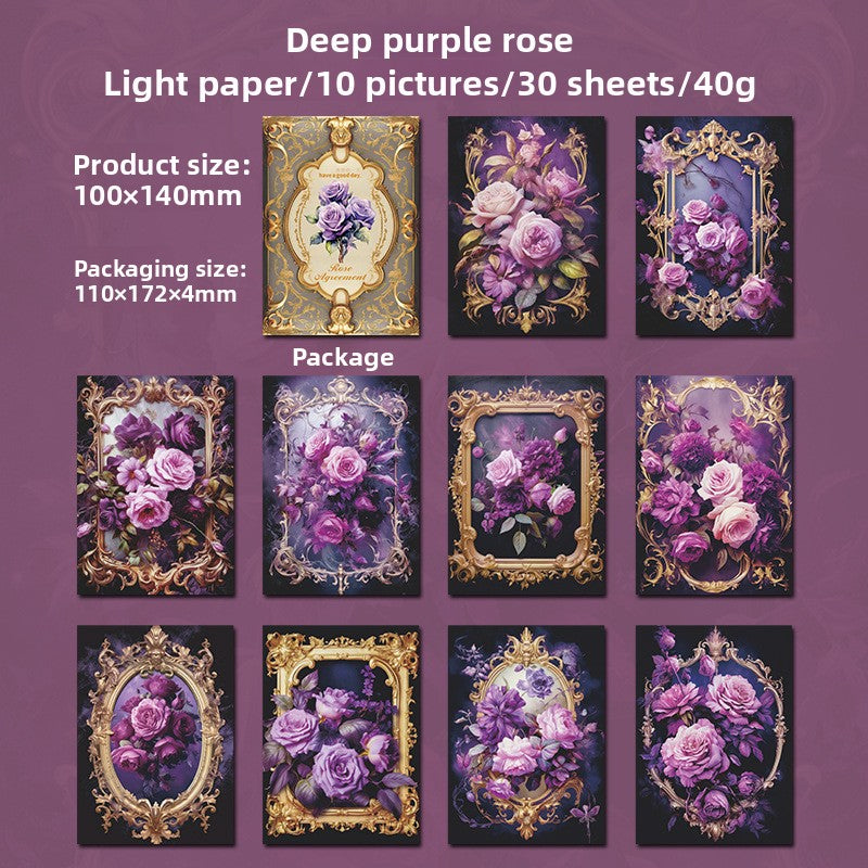 ART EMBOSS Rose Appointment Paper Pack – Vintage Rose Decorative Paper (30 Sheets) Deep purple rose