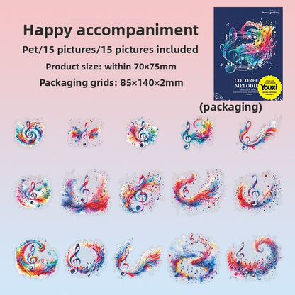 ART EMBOSS Colorful Melody PET Sticker Pack – Watercolor Wash Stickers (15 Sheets) Happy accompaniment