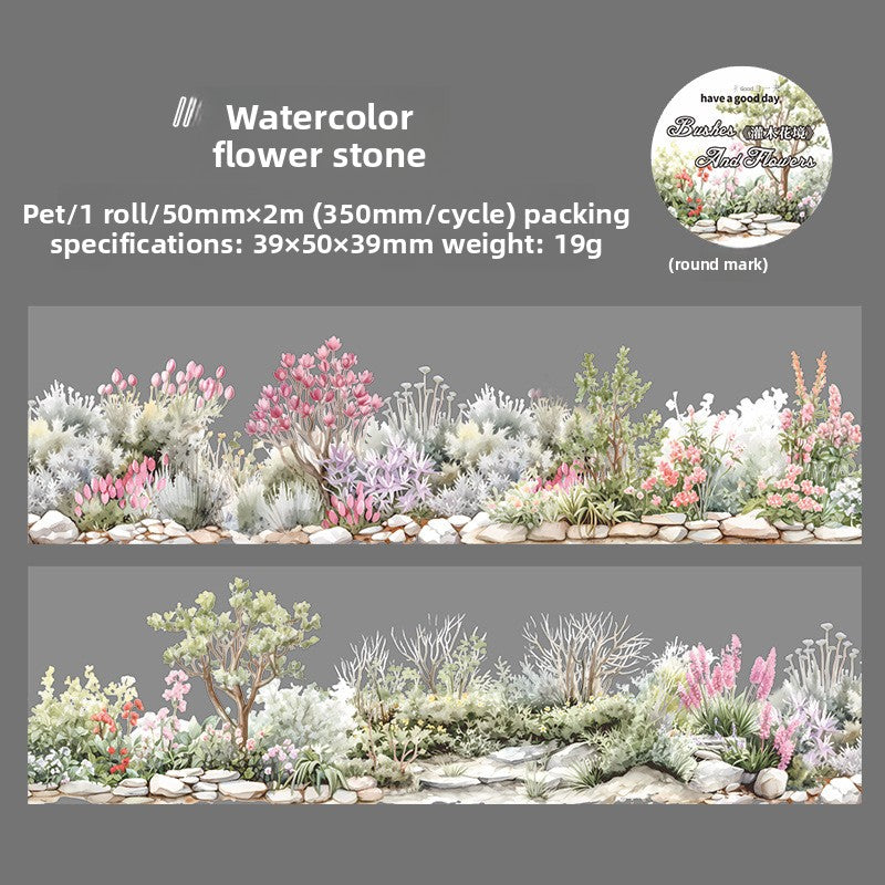 ART EMBOSS Shrub Flower Border PET Sticker Tape – Botanical Border Tape (6 Styles) Watercolor flower stone