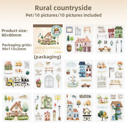 ART EMBOSS Small Town Street Scene Sticker Book – Scenic Journaling Stickers (10 Pieces) Rural countryside