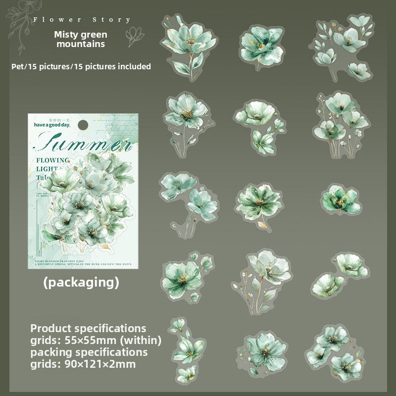 ART EMBOSS Floral Whispers PET Sticker Pack – Watercolor Flower Stickers (15 Sheets) Misty green mountains