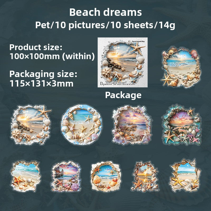 ART EMBOSS Broken Wall Fantasy PET Sticker Pack – 3D Wall Hole Stickers (10 Sheets) Beach dreams
