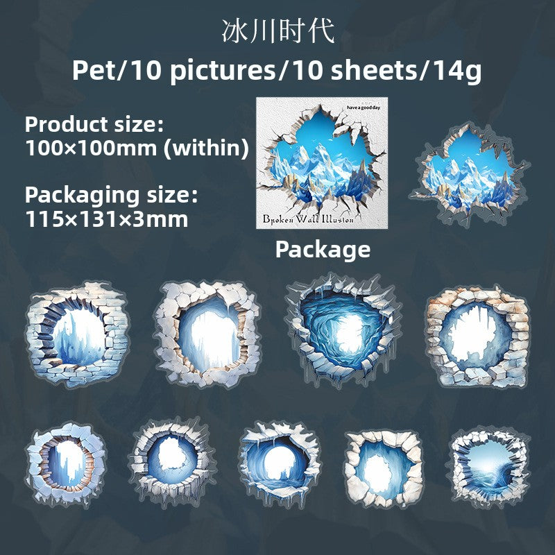 ART EMBOSS Broken Wall Fantasy PET Sticker Pack – 3D Wall Hole Stickers (10 Sheets) Ice age