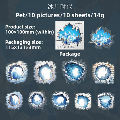 ART EMBOSS Broken Wall Fantasy PET Sticker Pack – 3D Wall Hole Stickers (10 Sheets) Ice age