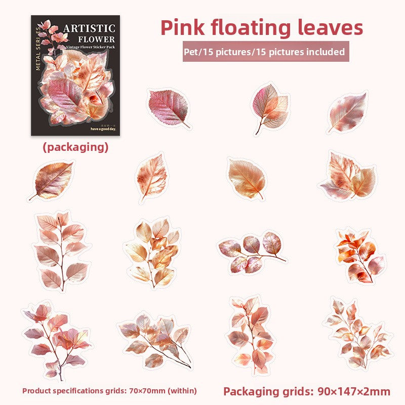 ART EMBOSS Vintage Flower Journaling Stickers(15 Sheets) Pink floating leaves