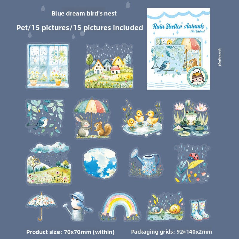 ART EMBOSS Rainy Day Animal PET Sticker Pack – 15 Sheets (6 Designs) Blue dream bird's nest
