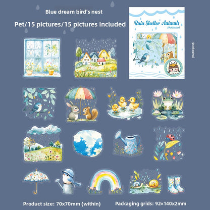 ART EMBOSS Rainy Day Animal PET Sticker Pack – 15 Sheets (6 Designs) Blue dream bird's nest