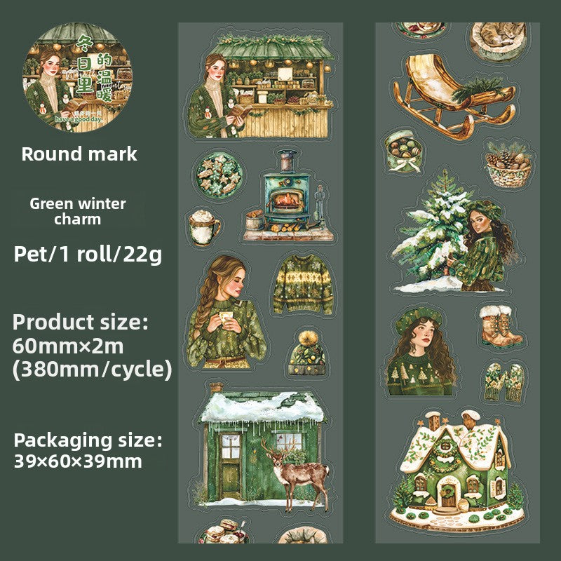 ART EMBOSS Winter Warmth PET Sticker Tape – Winter Die-Cut Stickers (6 Styles) Green winter charm