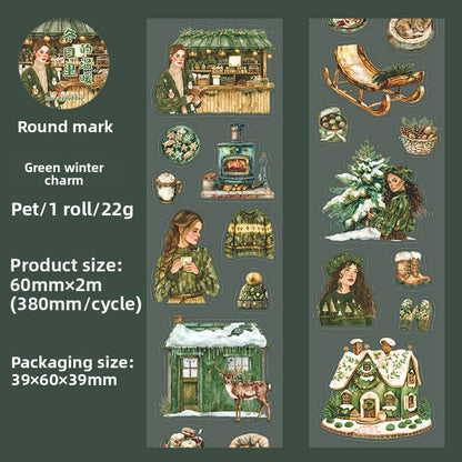 ART EMBOSS Winter Warmth PET Sticker Tape – Winter Die-Cut Stickers (6 Styles) Green winter charm