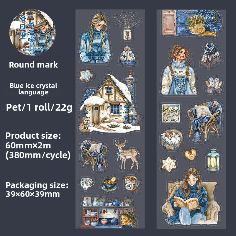 ART EMBOSS Winter Warmth PET Sticker Tape – Winter Die-Cut Stickers (6 Styles) Blue ice crystal language