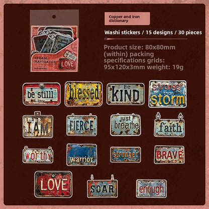 ART EMBOSS Steam Navigator Label Sticker Set – Retro Journaling Labels (30 Pieces) Copper and iron dictionary
