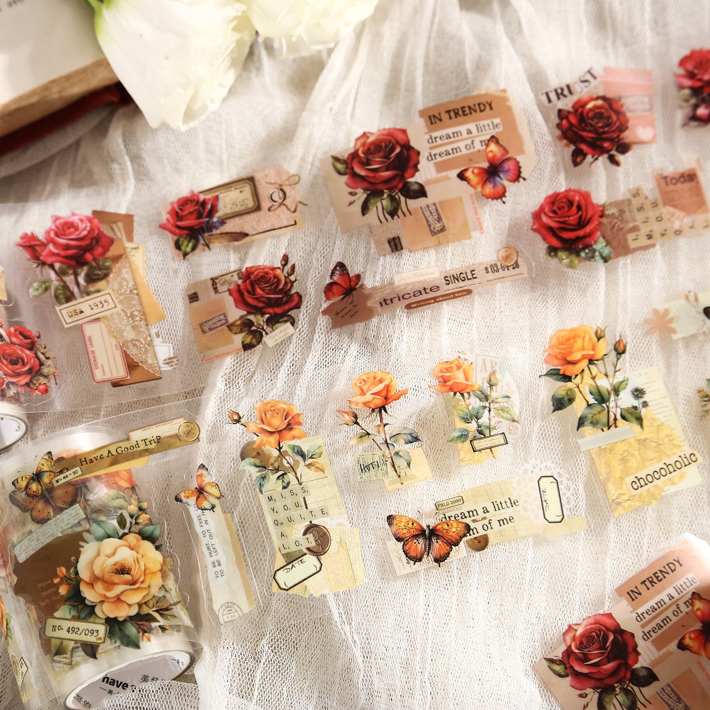 ART EMBOSS Rose Whispers PET Sticker Tape – Botanical Rose Tape (6 Styles)