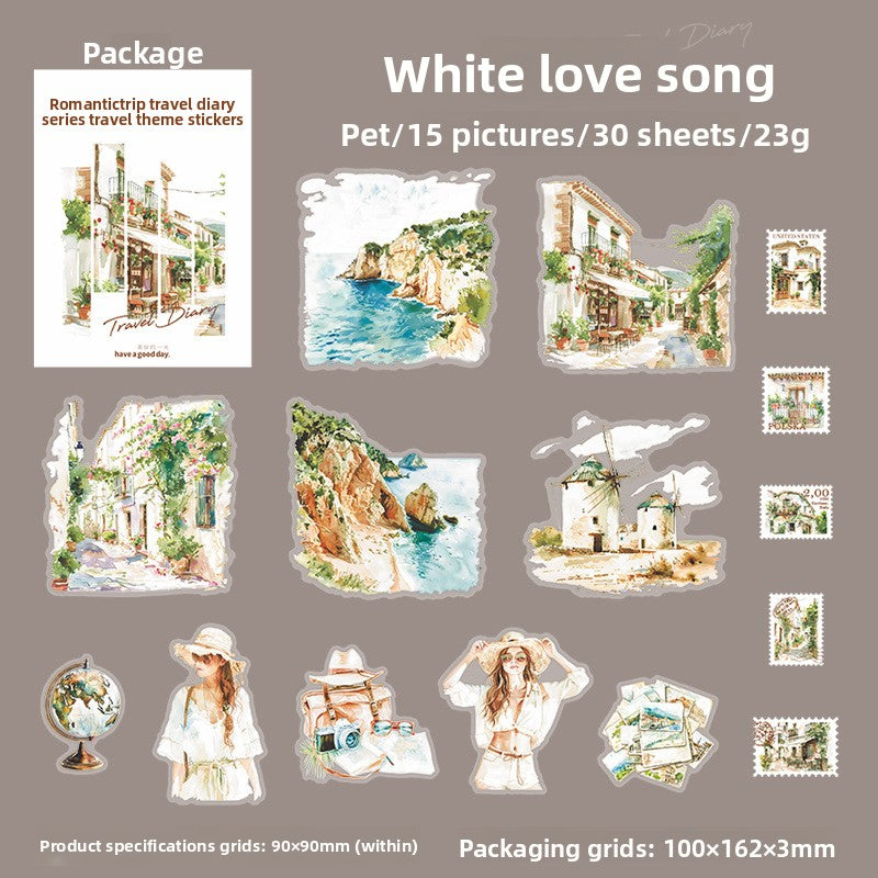 ART EMBOSS Romantic Travel Diary PET Sticker Pack – Travel Stickers (30 Sheets) White love song