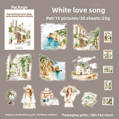 ART EMBOSS Romantic Travel Diary PET Sticker Pack – Travel Stickers (30 Sheets) White love song