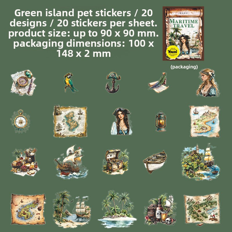 ART EMBOSS Nautical Travel PET Sticker Pack – Ocean Landscape Stickers (20 Sheets) Green island