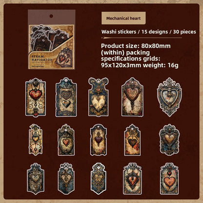 ART EMBOSS Steam Navigator Label Sticker Set – Retro Journaling Labels (30 Pieces) Mechanical heart