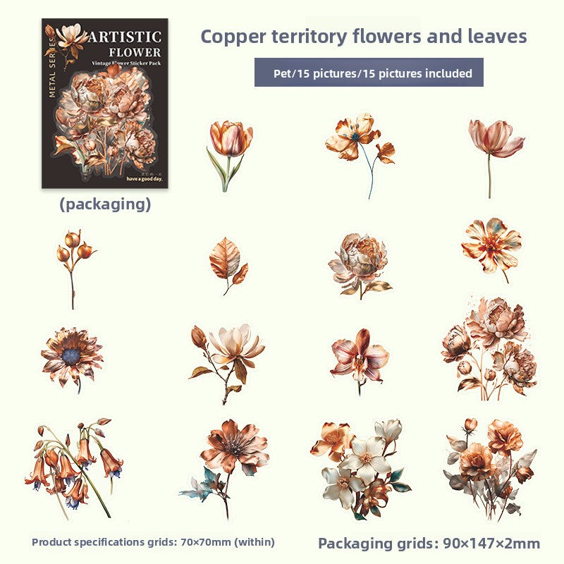 ART EMBOSS Vintage Flower Journaling Stickers(15 Sheets) Copper territory flowers and leaves