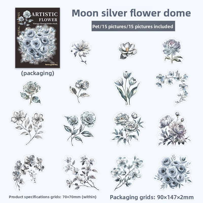 ART EMBOSS Vintage Flower Journaling Stickers(15 Sheets) Moon shadow flower dome