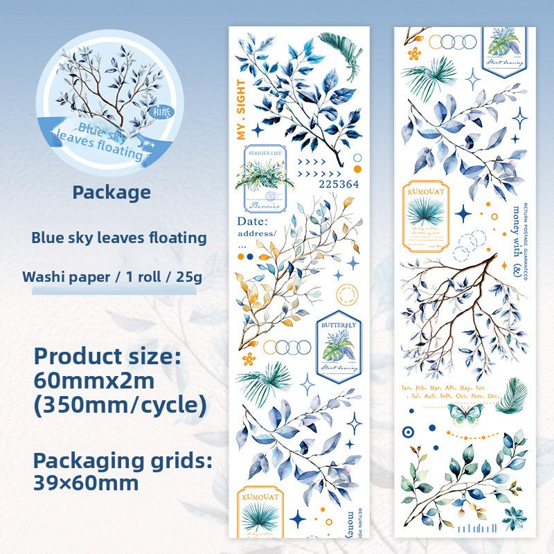 ART EMBOSS Branch & Leaf Notes Sticker Tape – Botanical Tape (6 Styles) Blue sky leaves floating