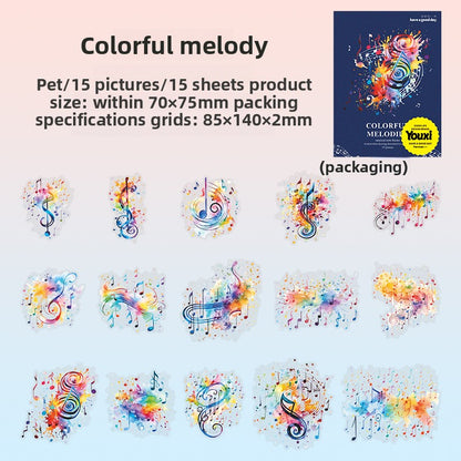 ART EMBOSS Colorful Melody PET Sticker Pack – Watercolor Wash Stickers (15 Sheets) Colorful melody