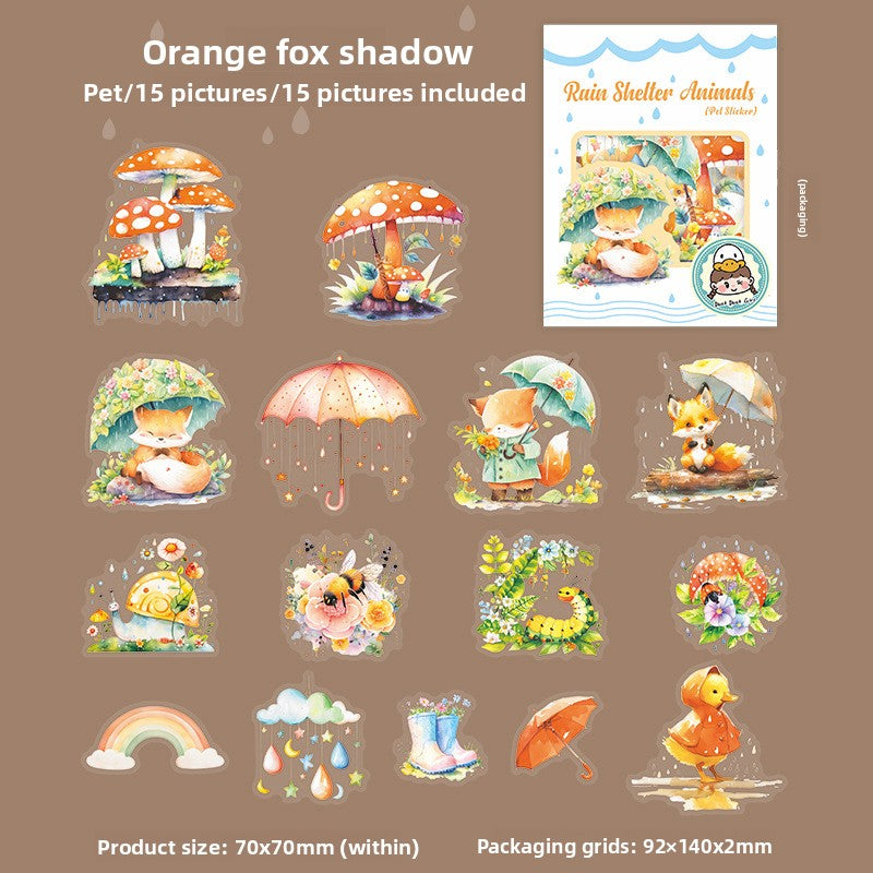 ART EMBOSS Rainy Day Animal PET Sticker Pack – 15 Sheets (6 Designs) Orange fox shadow