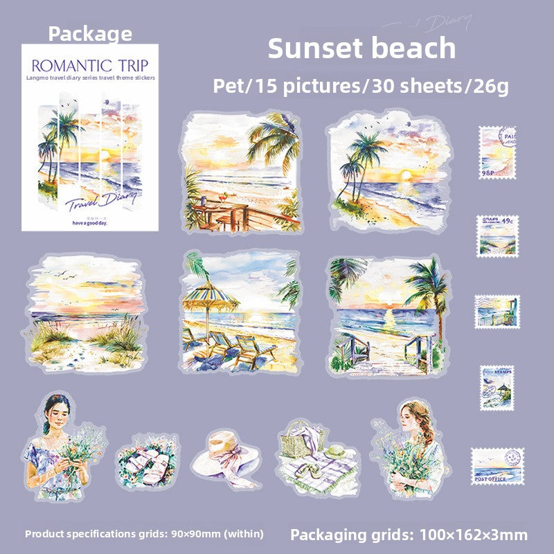 ART EMBOSS Romantic Travel Diary PET Sticker Pack – Travel Stickers (30 Sheets) Sunset beach