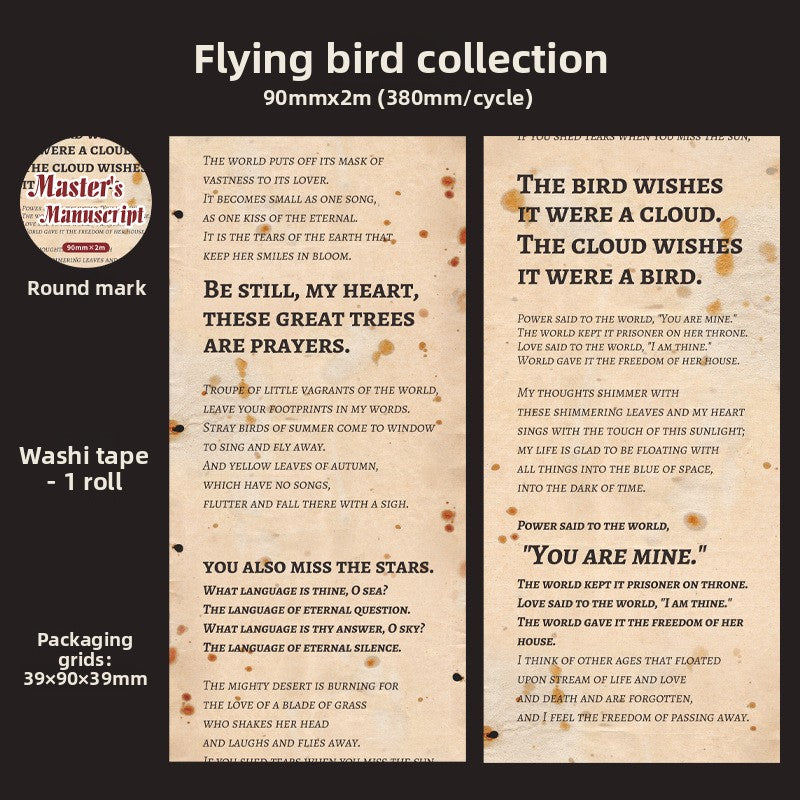 ART EMBOSS Literary Manuscript Washi Sticker Tape (6 Styles) Flying bird collection