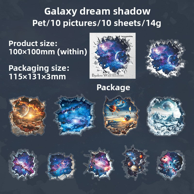 ART EMBOSS Broken Wall Fantasy PET Sticker Pack – 3D Wall Hole Stickers (10 Sheets) Galaxy dream shadow