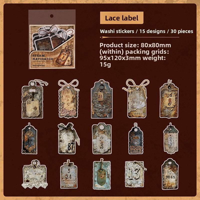ART EMBOSS Steam Navigator Label Sticker Set – Retro Journaling Labels (30 Pieces) Lace label