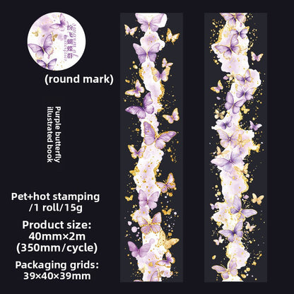ART EMBOSS Fluttering Butterflies PET Sticker Tape – Butterfly Journaling Tape (4 Designs) Purple butterfly illustrated book