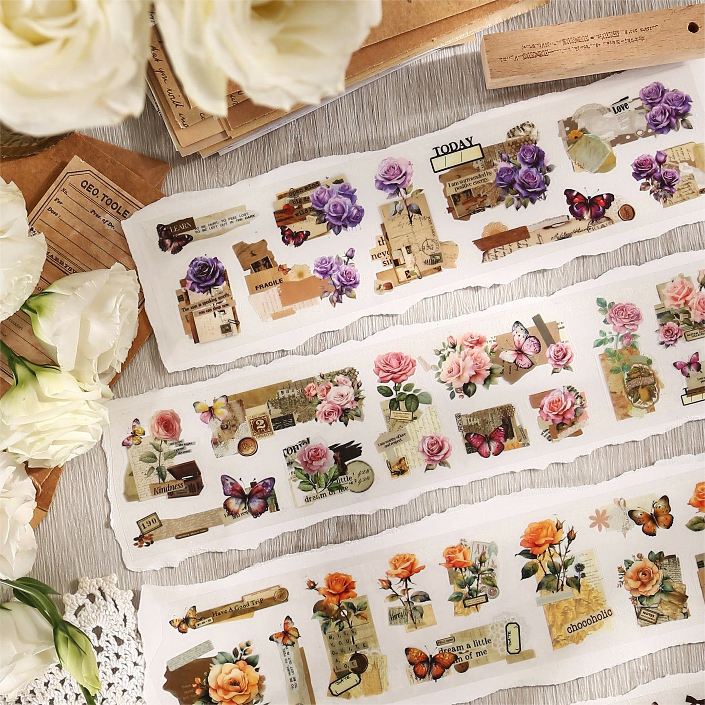 ART EMBOSS Rose Whispers PET Sticker Tape – Botanical Rose Tape (6 Styles)