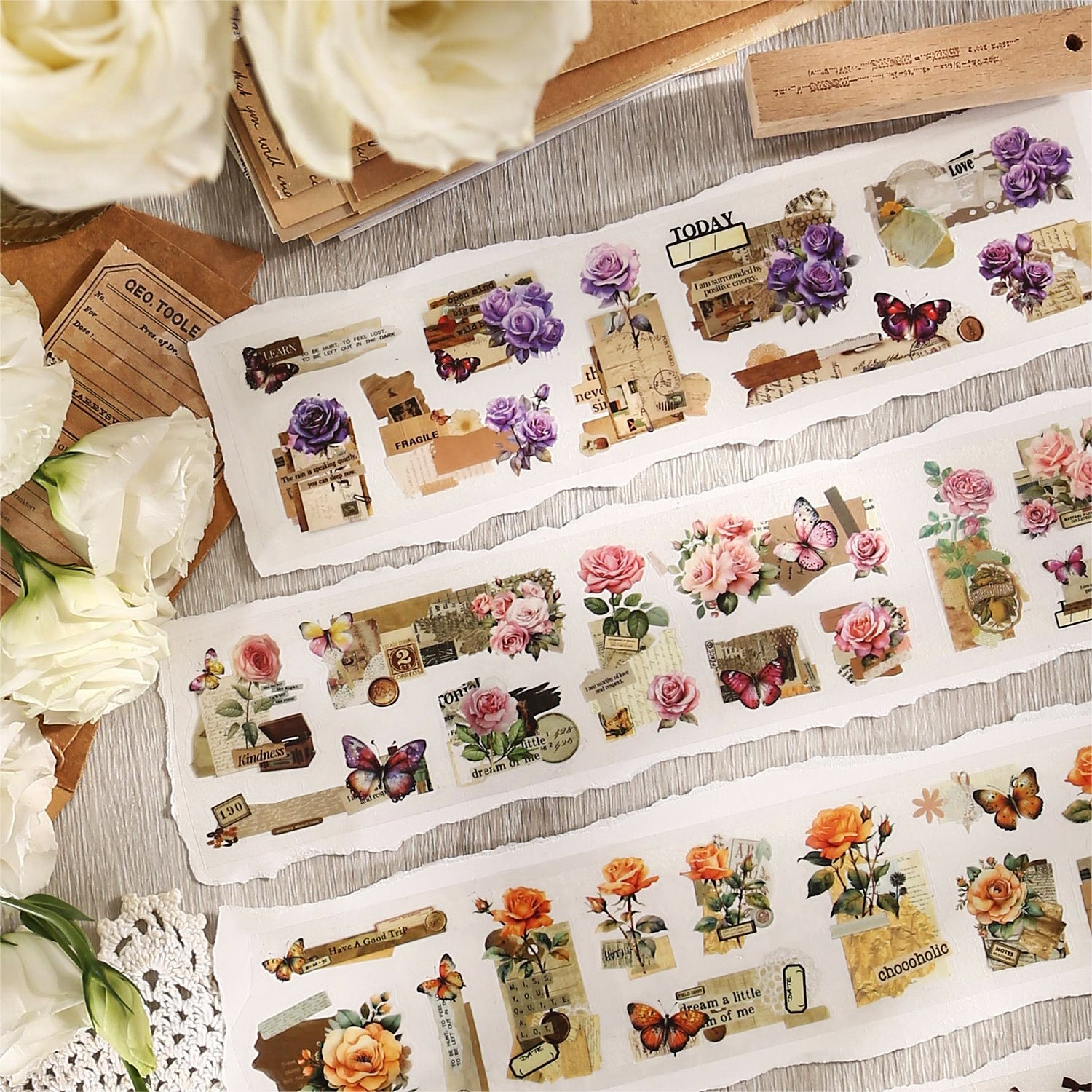 ART EMBOSS Rose Whispers PET Sticker Tape – Botanical Rose Tape (6 Styles)