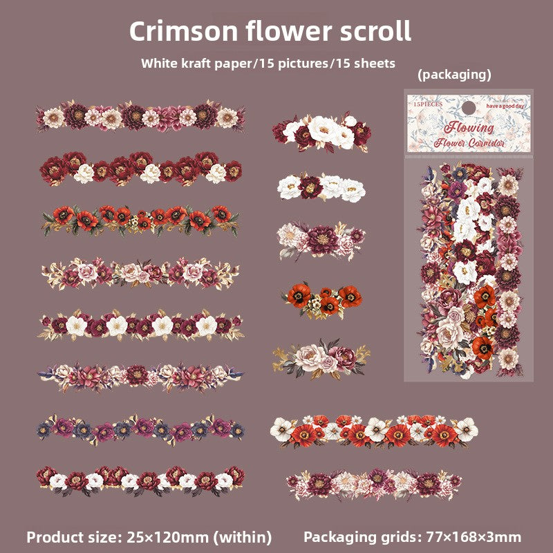 ART EMBOSS Vintage Floral Stickers (15 Sheets) Crimson flower scroll