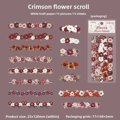 ART EMBOSS Vintage Floral Stickers (15 Sheets) Crimson flower scroll
