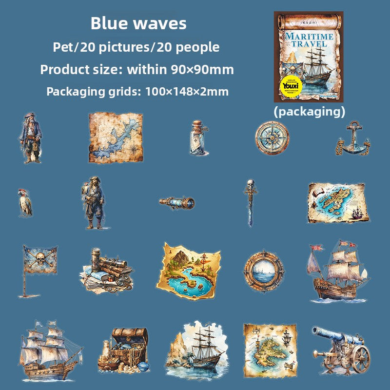 ART EMBOSS Nautical Travel PET Sticker Pack – Ocean Landscape Stickers (20 Sheets) Blue waves