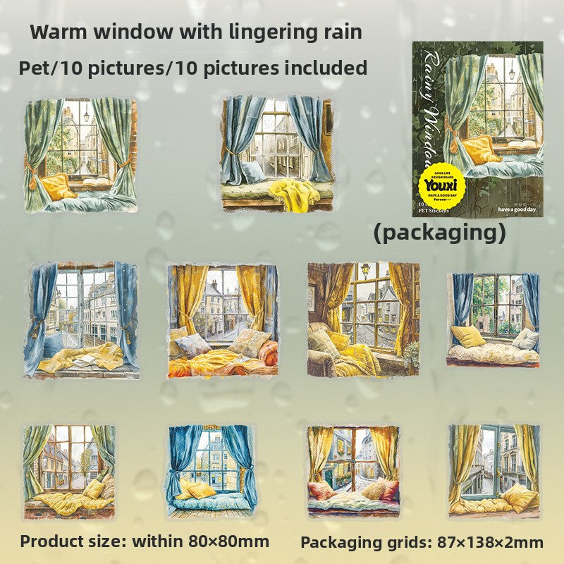 ART EMBOSS Window Rain View PET Sticker Pack – Cozy Rainy Season Stickers (10 Sheets) Warm window with lingering rain